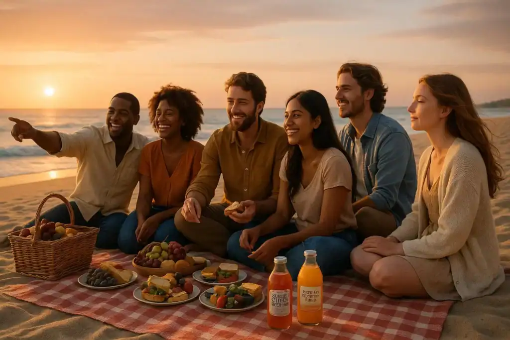 Image titled beach picnic sunset group 0xgmu at TriviaWhizz.com