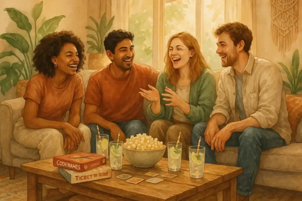 Image titled cozy group of friends laughing in living room wpsl7 at TriviaWhizz.com