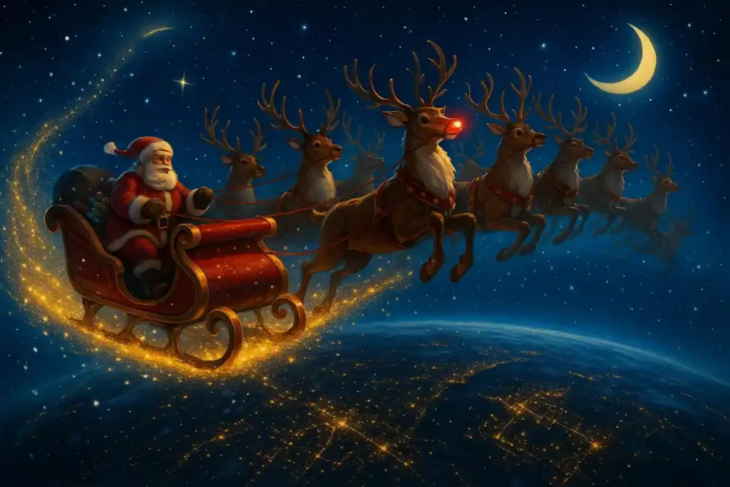 Image titled santa sleigh reindeer starry night earth q5jhm at TriviaWhizz.com